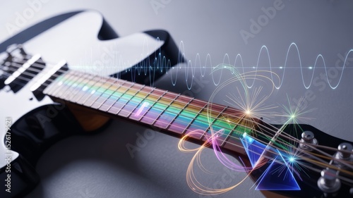 Electric guitar with geometric sound wave patterns and prisms