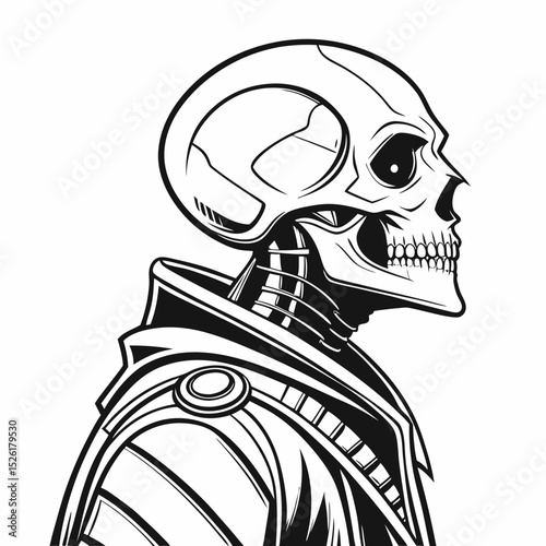 Cyberpunk Skeleton Illustration in Black and White with Futuristic Armor Design