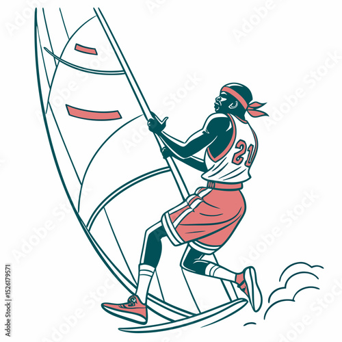 Retro Style Illustration of a Basketball Player Windsurfing on the Water
