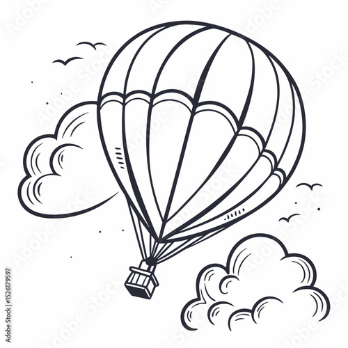Whimsical Hot Air Balloon Illustration with Clouds and Birds in Black and White