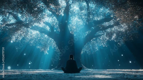 Silhouette of Person Meditating Under Enchanted Tree with Magical Light Rays at Night