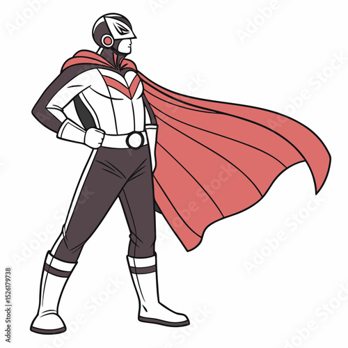 Retro Superhero with Cape Standing Confidently Looking Towards the Future Comic Style