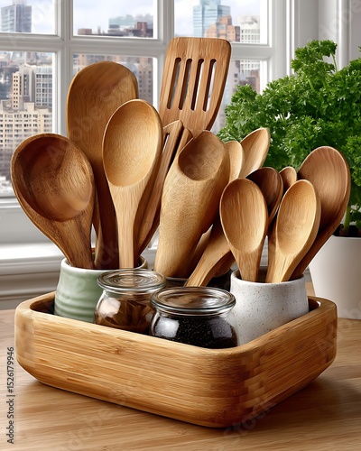 Ceramic utensil holders with bamboo cutlery high resolution image