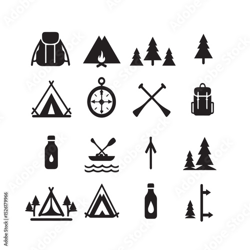 Camping and hiking icons black and white set