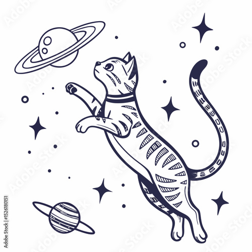 Whimsical Cat in Space Illustration with Planets and Stars in Line Art