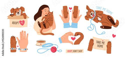 Pet adoption and rescue. Animal shelter. Adopt a friend vector sticker set. Cute animal adoption illustration with playful characters.