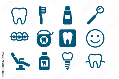Dental icons set: tooth, brush, paste, floss, chair, implant, braces, mirror, smile