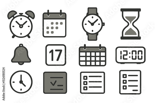 Time management icons: clocks, calendars, alarms, sand timer, checklist
