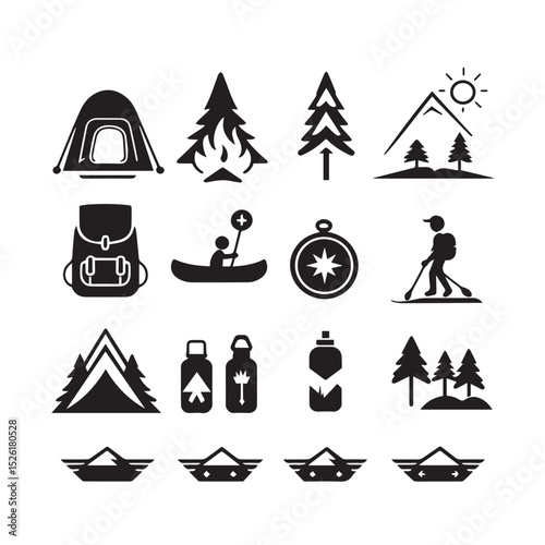 Outdoor adventure icons set black silhouette