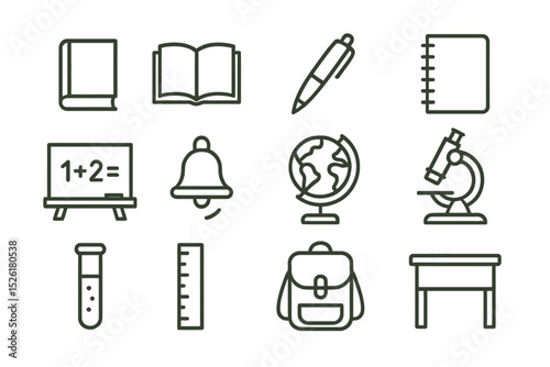 Set of school icons including book, blackboard, globe, and microscope on yellow background