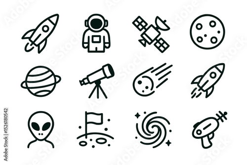 Space icons: rocket, astronaut, satellite, moon, planet, telescope, meteor, alien, galaxy