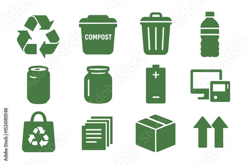 Green icons representing recycling, composting, waste management, and sustainability symbols