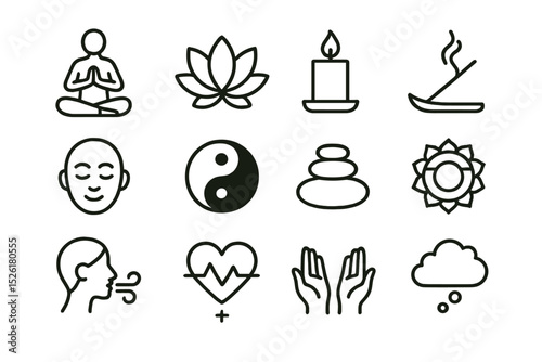 Minimalist zen icons collection featuring meditation symbols and yin yang