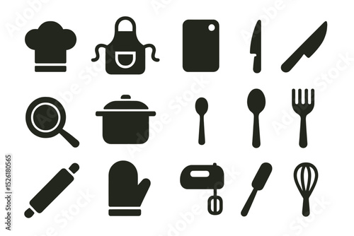 Silhouette icons of essential kitchen utensils on yellow background