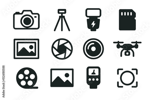 Photography icons set: camera, tripod, flash, memory card, drone