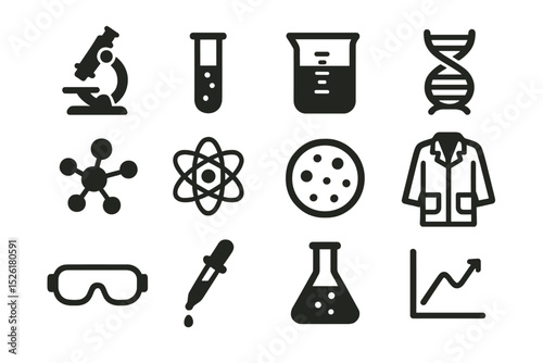 Science icons: microscope, beaker, dna, molecule, atom, lab coat, goggles, dropper, flask, graph
