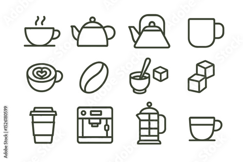 Coffee icons: cup, teapot, french press, espresso machine, bean, cubes