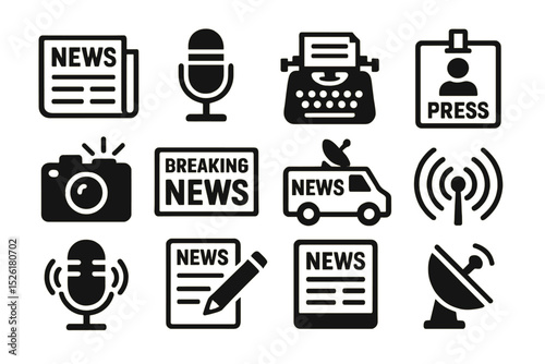 Media and journalism icons: microphone, newspaper, news van, typewriter, press pass, camera, satellite dish