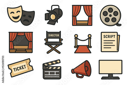 Theater and film icons: masks, director's chair, script, clapboard, stage curtain, camera, film reel