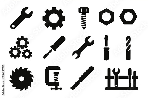 Black silhouette icons of tools and machinery parts on yellow background