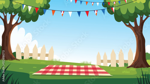 Patriotic picnic scene with red blanket bunting and white fence in summer park