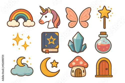 Whimsical fantasy icons set: rainbow, unicorn, magic wand, book, crystal, potion, moon, mushroom, door