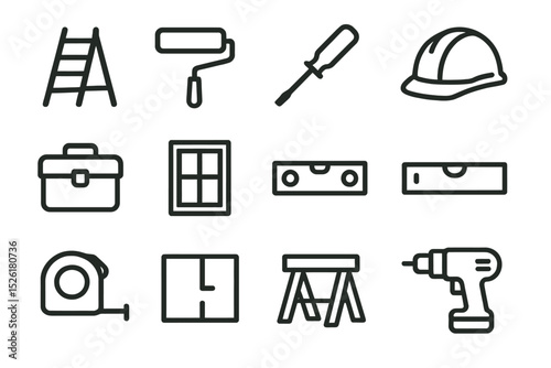 Construction tools icons set: ladder, roller, screwdriver, helmet, toolbox, drill