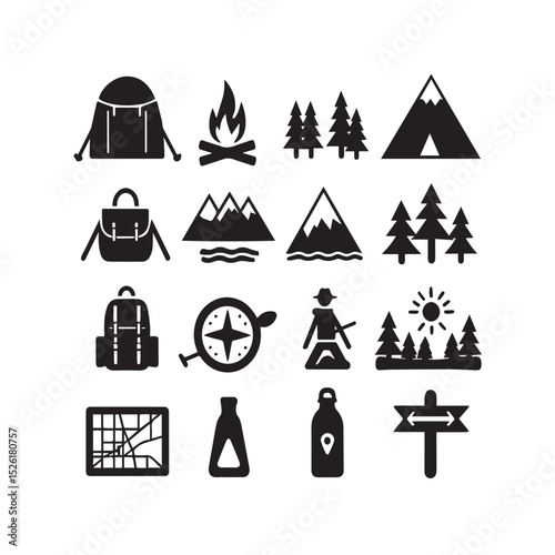 Camping and hiking icons set black glyphs