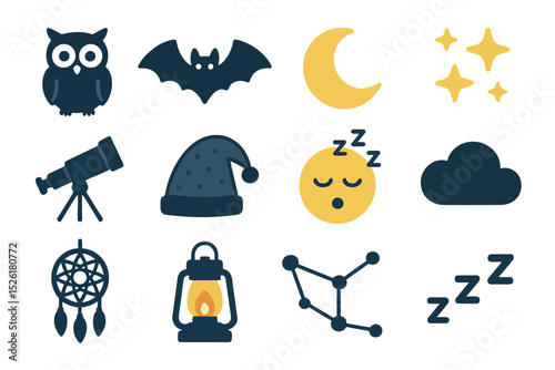 Nighttime symbols with moon stars owl bat lantern cloud telescope