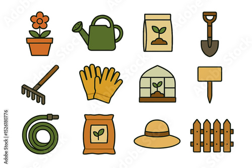 Gardening tools and icons: shovel, watering can, seedlings, gloves, hat, fence, greenhouse