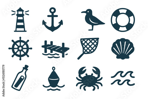 Nautical icons set: lighthouse, anchor, seagull, lifebuoy, and more