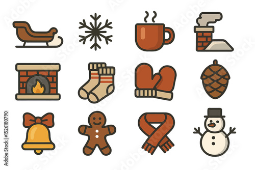 Cozy winter icons: snowflake, mug, fireplace, mittens, gingerbread man, snowman