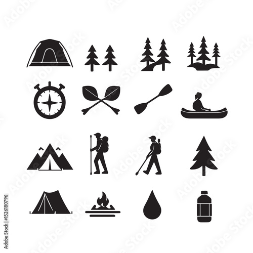 Camping and hiking icons black silhouettes