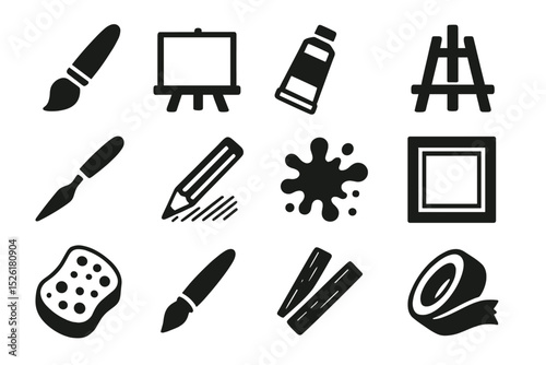 Art icon set: brush, easel, paint tube, palette knife, pencil, frame, sponge, splatter