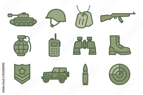 Military equipment icons on green background: helmet, tank, radio, grenade, boots