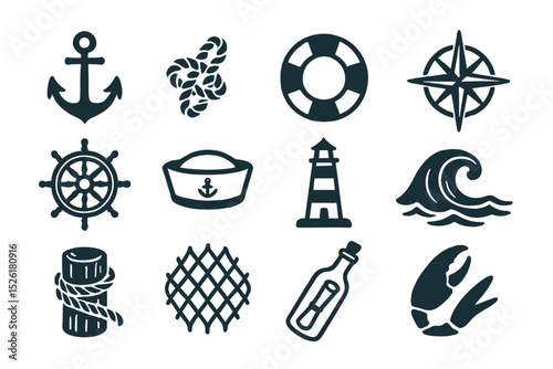 Nautical icons collection: anchors, compass, lighthouse, lifebuoy, helm, and more