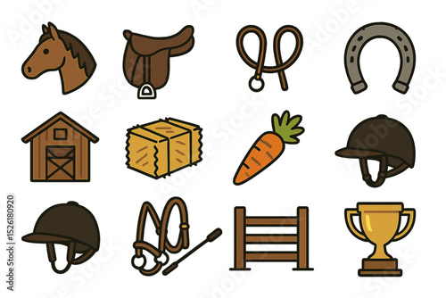 Equestrian equipment icons including saddle, helmet, and trophy