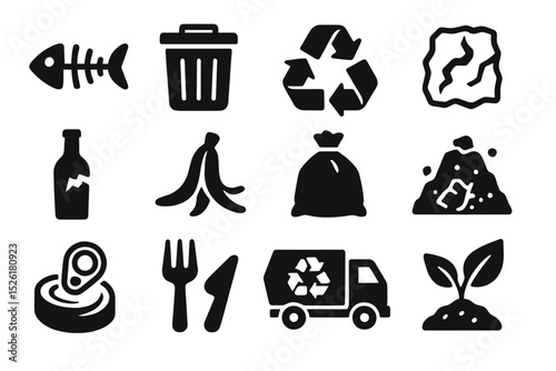 Waste management icons: recycling, composting, disposal, and sustainability symbols