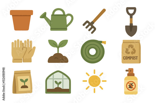 Gardening tools and symbols: watering can, shovel, compost, seedlings, sun