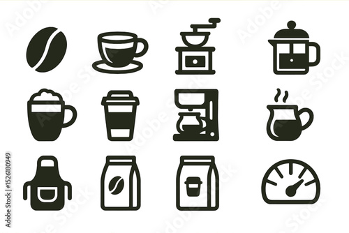 Black coffee brewing icons set on yellow background with french press and grinder