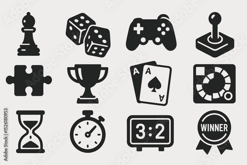 Set of game icons: chess, dice, gamepad, joystick, puzzle, trophy, cards, board, timer, stopwatch, clock, winner ribbon