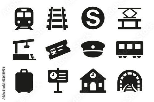 Vintage train station icons: trains, tracks, tickets, timetable, tunnel