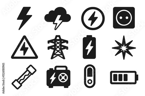 Set of twelve energy and power icons in dark style