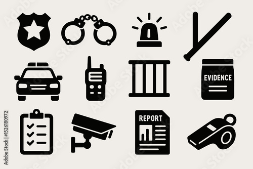 Law enforcement icons set: police badge, handcuffs, siren, baton, patrol car, radio, jail, evidence, clipboard, camera, report, whistle