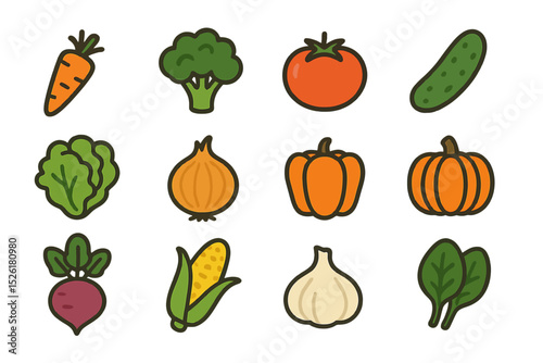 Colorful cartoon vegetables: carrot, broccoli, tomato, cucumber, lettuce, onion, pumpkin, beet, corn, garlic, spinach