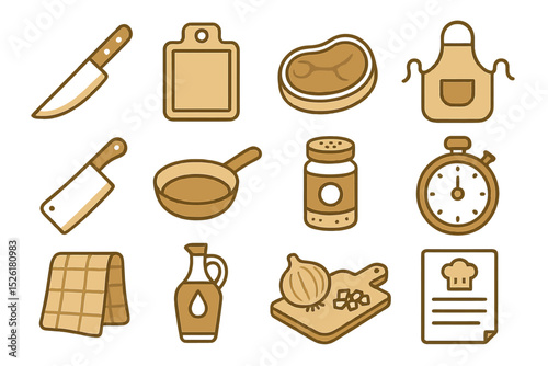 Cooking utensils and ingredients icons on brown background
