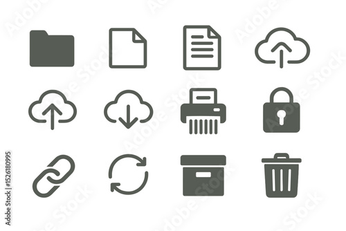 Cloud storage icons on yellow background: upload, download, lock, sync, trash
