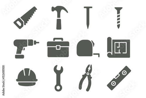 Silhouette icons of essential construction and repair tools on yellow background