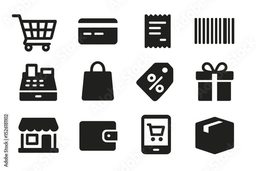 Shopping icons set: cart, card, receipt, barcode, cash register, bag, discount, gift, store, wallet, mobile, box
