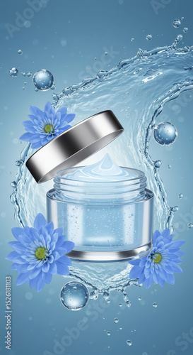 Open Jar of Cream with Silver Lid Surrounded by Water Splash and Blue Flowers
